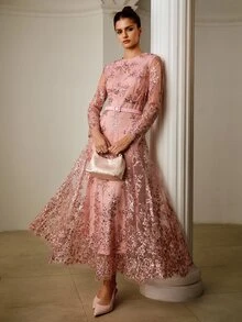 ZEYLAH Gaun Pesta Wanita Elegan dengan Motif Bordir Bunga Payet yang Menekan Pinggang - Berwarna merah muda - View 3