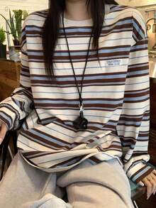 Dazy Plus Korean Style Loose Fit Casual Striped T-Shirt For Girls - Brown - View 4