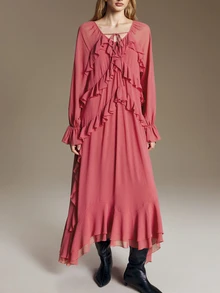 Ontre 女款玫瑰紅長袖洋裝，荷葉邊拼接設計，現代都市時尚商務休閒辦公穿搭，低調老錢風優雅高端通勤機場造型，舒適百搭高品質長洋裝 - 乾枯玫瑰色 - 查看 5