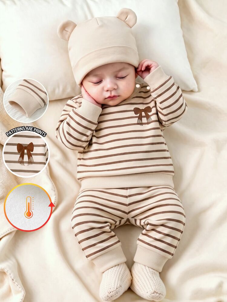 Newborn Baby Girl Cute Sweet Striped Bow Faux Knit Effect Print Crew Neck Long Sleeve Fleece Sweatshirt & Striped Print Fleece Sweatshirt & Pants Set, Soft Fabric Suitable For Outings In Autumn/Winter - Multicolor - View 1