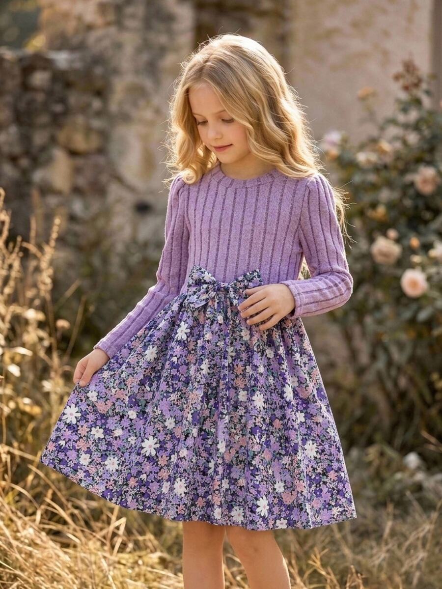 LMoss Kids 女童針織圓領長袖拼接花卉下擺休閒洋裝 - 彩色 - 查看 1