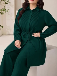 Modelyn 大尺碼女款純色百褶長袖上衣與長褲休閒日常兩件套 - 墨綠色 - 查看 5