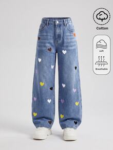 SHEIN Girlism 青少年女孩彩色愛心刺繡圖案藍色牛仔寬鬆長褲 - 藍色 - 查看 3