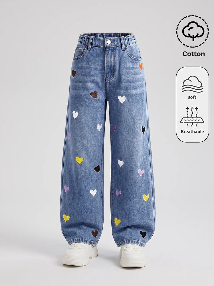 SHEIN Girlism Girls' Colorful Heart Embroidered Pattern Blue Denim Loose Fit Long Pants - Blue - View 3
