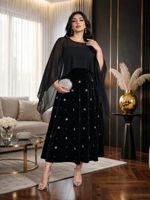 Modelyn Plus Size Women's Flare Sleeve Top And Floral Print Dress Elegant 2 Pieces Set - Black - View 7