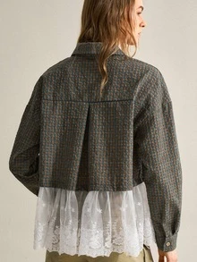 Women's Vintage Plaid Contrast Lace Blouse - Army Green - View 2