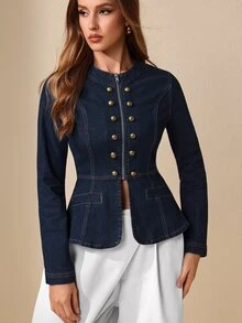 Selenza Jaket Denim Kasual Wanita Kancing Ganda, Musim Gugur - Dark Wash - View 2