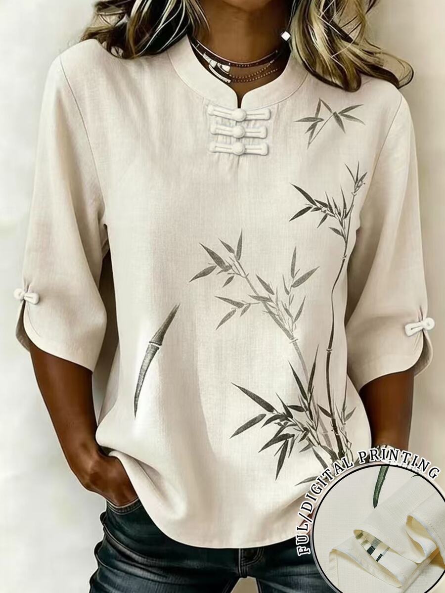 Bytebia Bytebia Fashionable Versatile Women's Bamboo Leaf Print Frog Button Blouse - Apricot - View 1