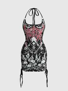 ROMWE Dark Gothic Burnout Hollow Skull Print Contrast Color Halter Neck Fitted Plus Size Short Dress Halloween - Black - View 1
