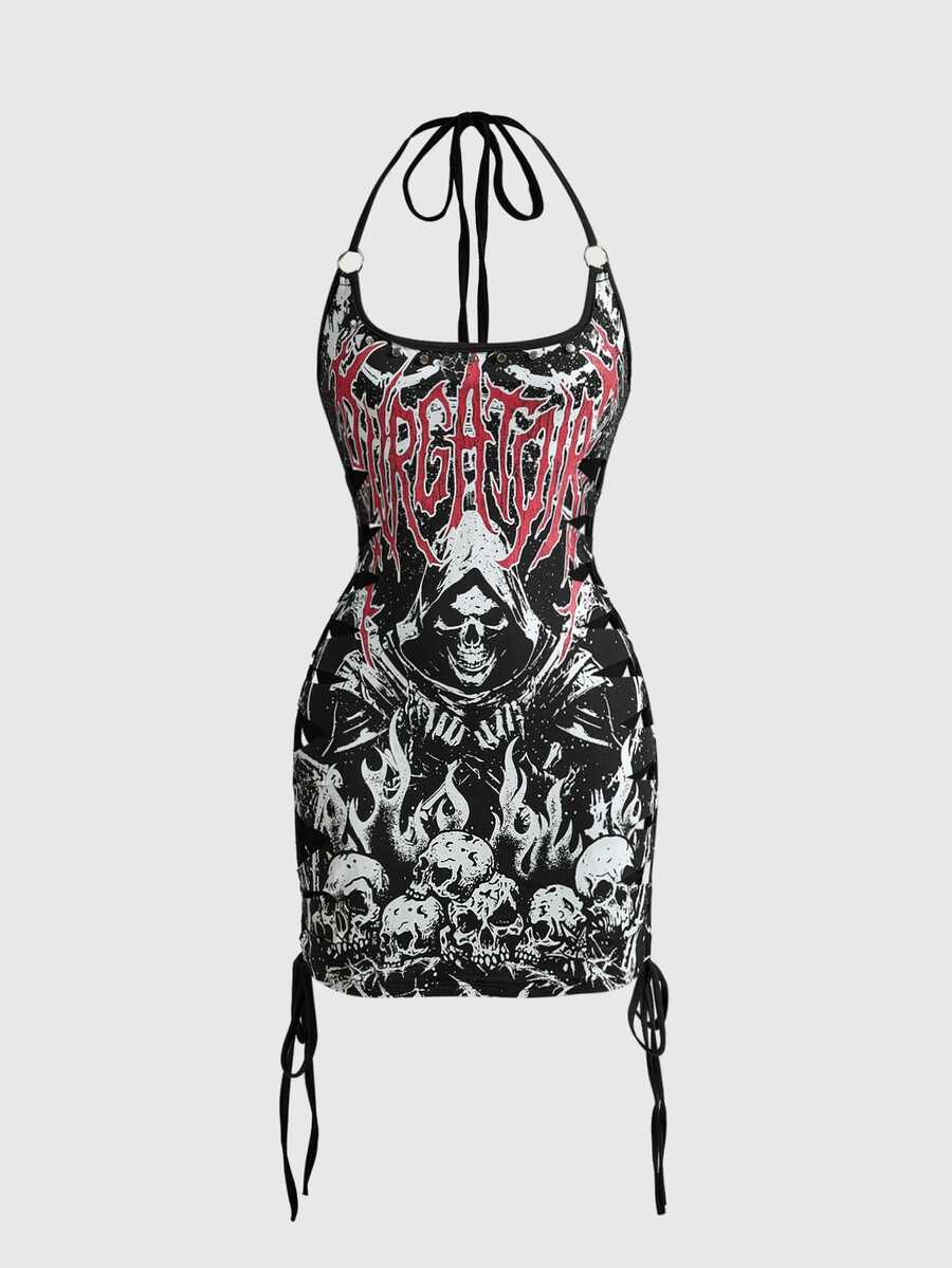 ROMWE Dark Gothic Burnout Hollow Skull Print Contrast Color Halter Neck Fitted Plus Size Short Dress Halloween - Black - View 1