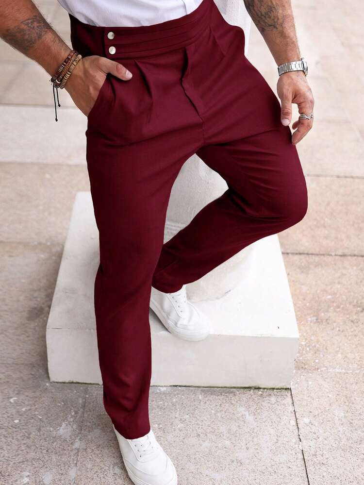 Manfinity Homme Men's Solid Color Waist Button Design Casual Suit Pants - Burgundy - View 4