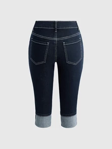 ROMWE Plus Size Y2K All-Match Versatile Retro Fitted Denim Mid-Length Pants - Blue - View 2