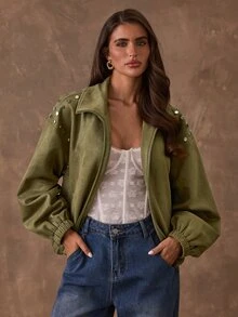 SHEIN BAE Women's Casual Stud Decor Jacket, Autumn - Army Green - View 3