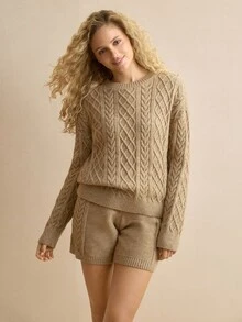 MOTF PREMIUM WOMEN'S 2-PIECES SET AUTUMN/WINTER SOLID COLOR DROP SHOULDER LOOSE CABLE KNIT SWEATER AND KNIT SHORTS - Khaki - View 4