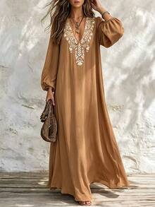Breezaya Women's Fashion Elegant Vacation Style Embroidered Long Sleeve Dress - Brown - View 5