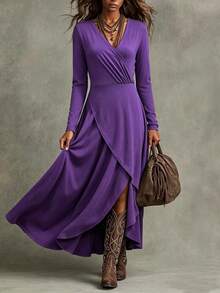 Trelyra Women's Fashion Overlap V-Neck Long Sleeve Elegant Dress - Purple - View 3