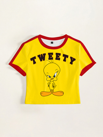 LOONEY TUNES X SHEIN تي شيرت نسائي بطبعة كرتونية وحروف كاجوال للاستخدام اليومي بأكمام قصيرة