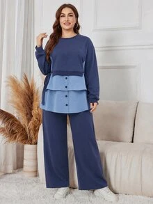 Lacomfia Autumn/Winter Casual Elegant Ribbed Patchwork Crew Neck Pullover Knit Textured Tie-Up Button Patchwork Long Sleeve Loose Versatile Plus Size Women's 2 Pieces Set - Multicolor - View 3