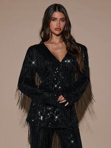 SHEIN BAE Women's Solid Color Sequin Tassel Design Fashionable Elegant Blazer - Black - View 1