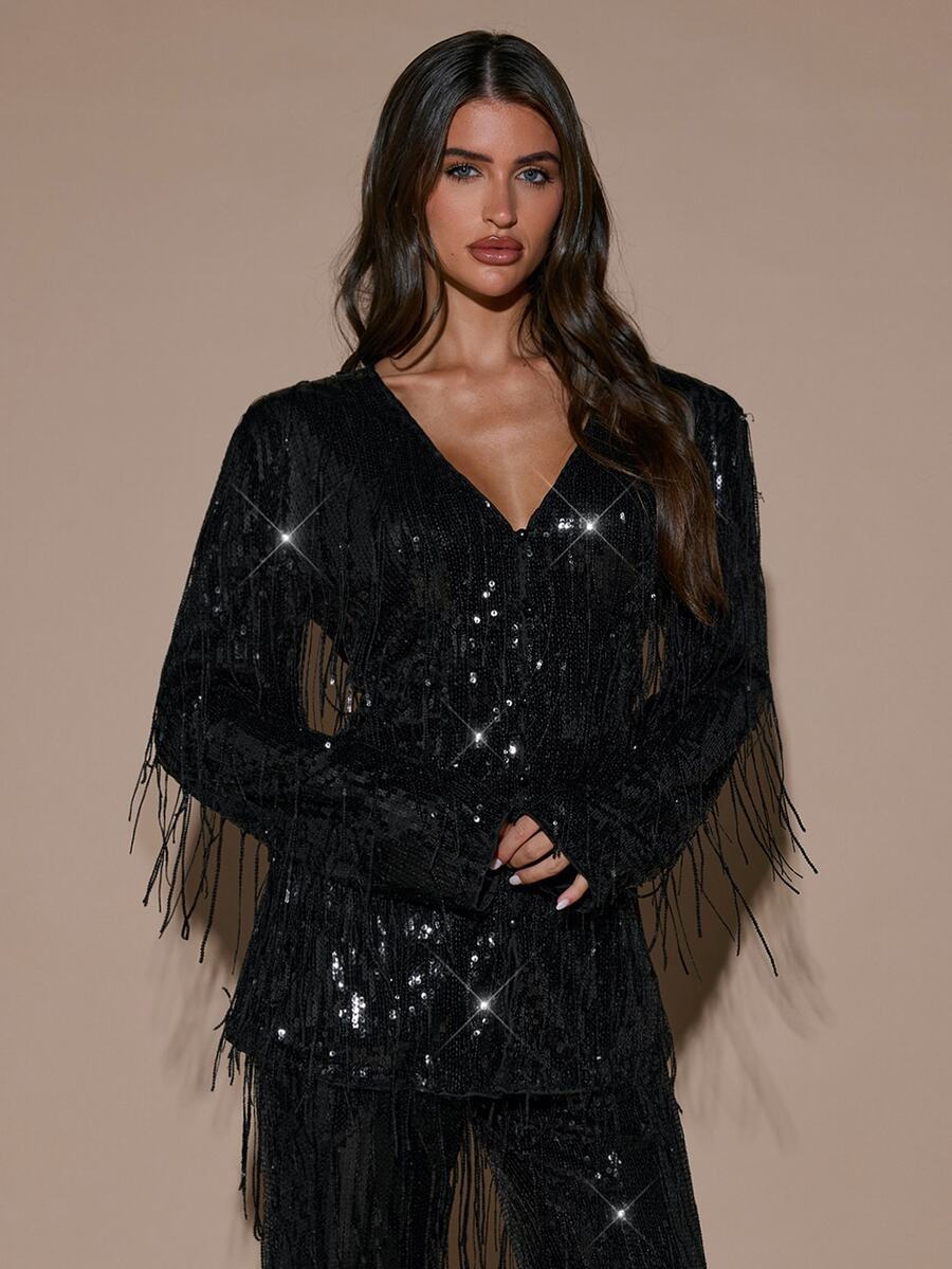 SHEIN BAE Women's Solid Color Sequin Tassel Design Fashionable Elegant Blazer - Black - View 1
