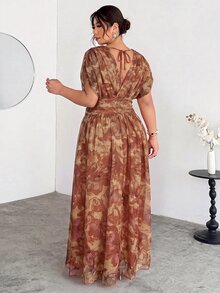Firerie 女款優雅波西米亞度假通勤休閒法式浪漫交叉褶皺蝙蝠袖收腰傘擺長洋裝 V領性感米色 - 棕色 - 查看 3