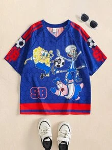 SpongeBob SquarePants | SHEIN Tween Boy Cartoon Print Casual Daily Short Sleeve T-Shirt - Navy Blue - View 1