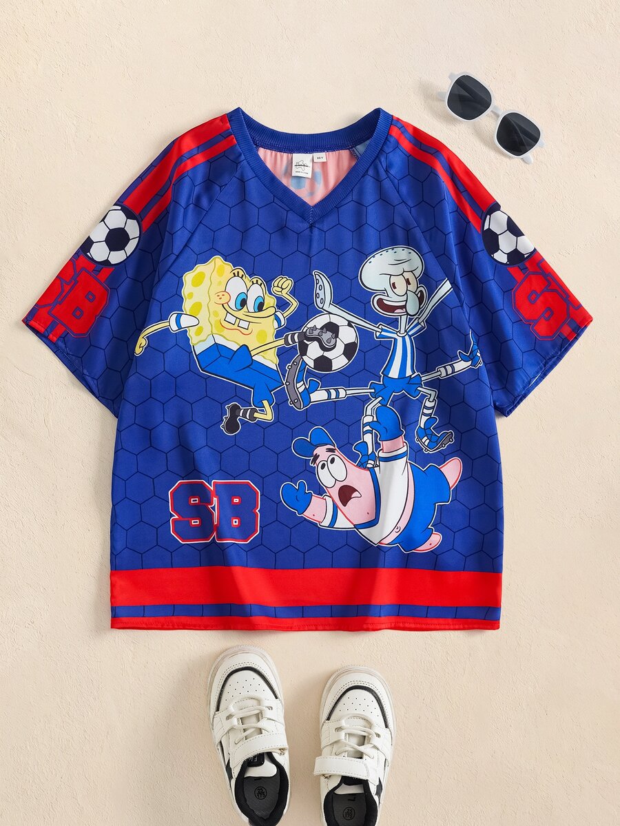 SpongeBob SquarePants | SHEIN Tween Boy Cartoon Print Casual Daily Short Sleeve T-Shirt - Navy Blue - View 1