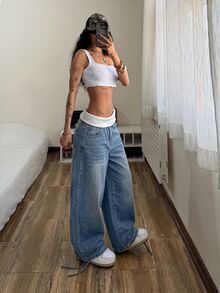 Rivivi 女款摺腰口袋寬腿寬鬆休閒牛仔褲 - 藍色 - 查看 7