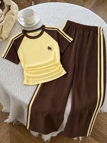 Tween Girls Printed T-Shirt And Long Pants Knit 2 Pieces Set, Casual Daily Fashion Versatile - Multicolor - View 4