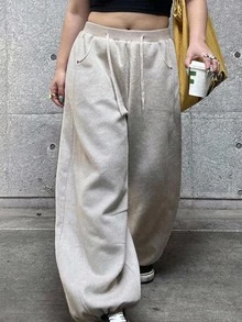 Dazy Plus Plus Size Women's Elastic Waist Curved Leg Loose Hem Joggers, Casual Baggy Sports Sweatpants, New Autumn/Winter Brunch Vacation Gray - Camel - View 6