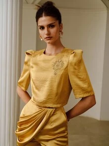 ZEYLAH Women's Exquisite Embroidered Beaded Puff Mid-Sleeve Top - Khaki - View 3