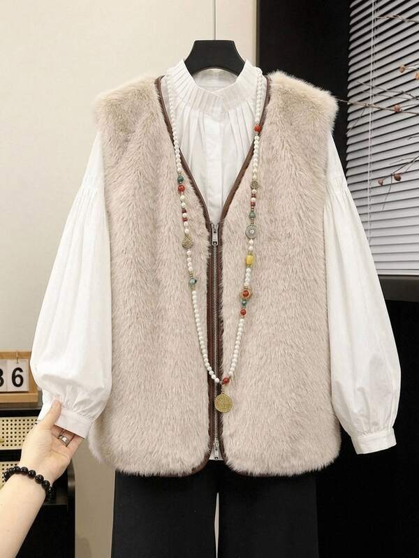 FRIFUL Middle-Aged And Elderly Women Solid Color Fuzzy Zipper Front Vest Jacket