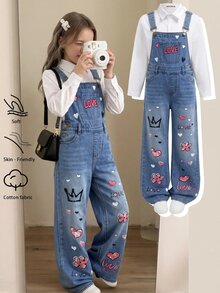 SHEIN 女童寬鬆藍色牛仔吊帶褲，塗鴉花卉皇冠圖案 - 藍色 - 查看 2