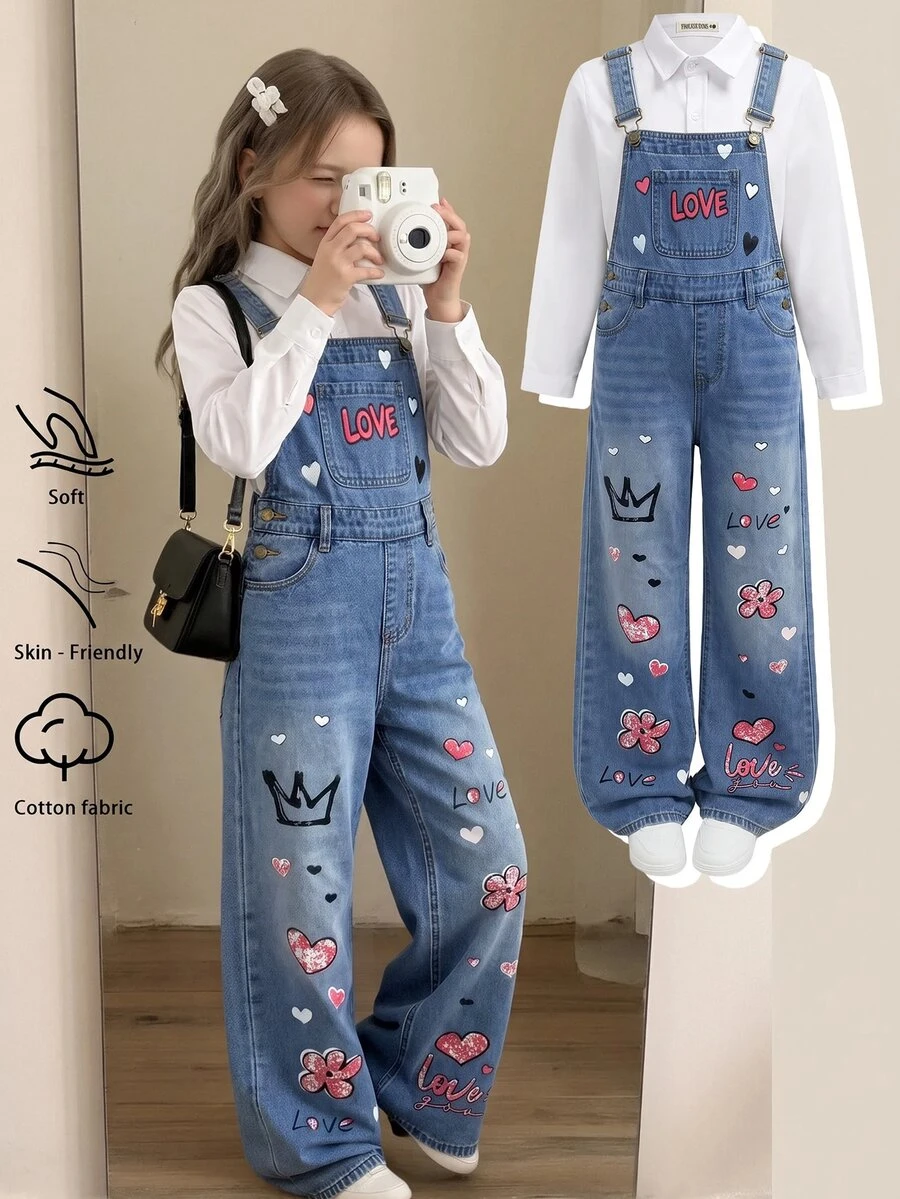 SHEIN Girls' Loose Blue Denim Overalls With Graffiti Floral Crown Pattern - Blue - View 1