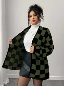 Elenzga 秋冬時尚休閒配色拼接棋盤格女款長袖寬鬆顯瘦大尺碼開襟衫，外套，度假，派對 - 墨綠色 - 查看 7