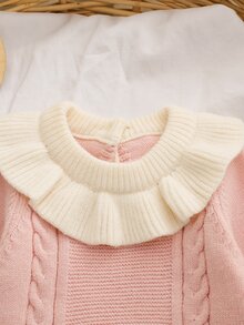 SHEIN 女嬰針織毛衣連身衣，嬰兒套頭圓領長袖毛衣連身褲，舒適適合秋冬，麻花編織設計，時尚俏皮，優雅精緻，淑女風，粉紅色，日常穿著，百搭 - 淺粉色 - 查看 3