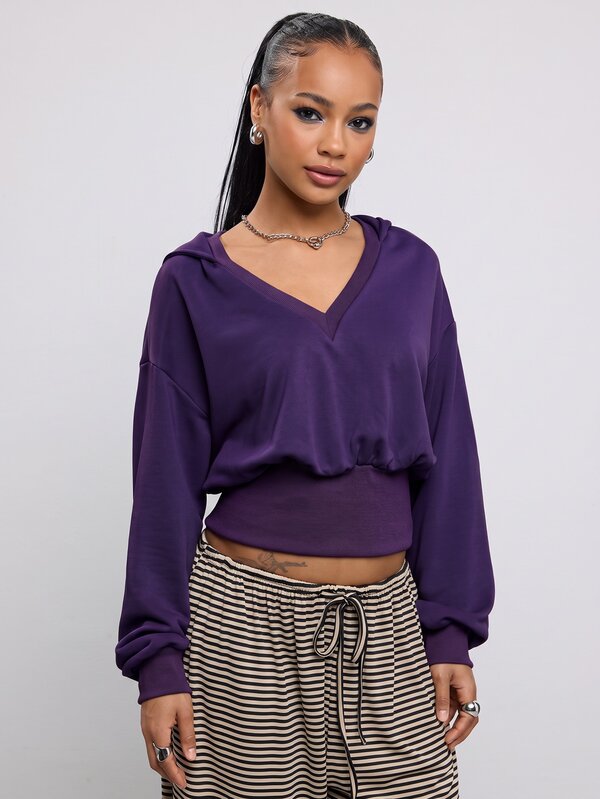 COUREZ V Neck Boxy Hoodie /Y2K Colourful Teal Rave Crop Tops Fall Streetwear Women Going Out Tops Fall Clothes Autumn Clothes Autumn Outfit For Women
