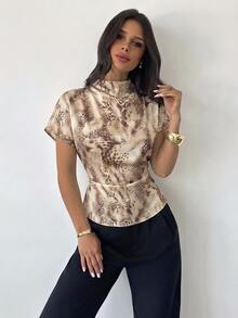 Firerie Women's Summer Ruched Collar Asymmetrical Sleeve Side Waist Ruched Slimming Commute Apricot Bamboo Linen Fabric Shirt, All Season, Classic Elegant Light Color Leopard Print - White - View 5