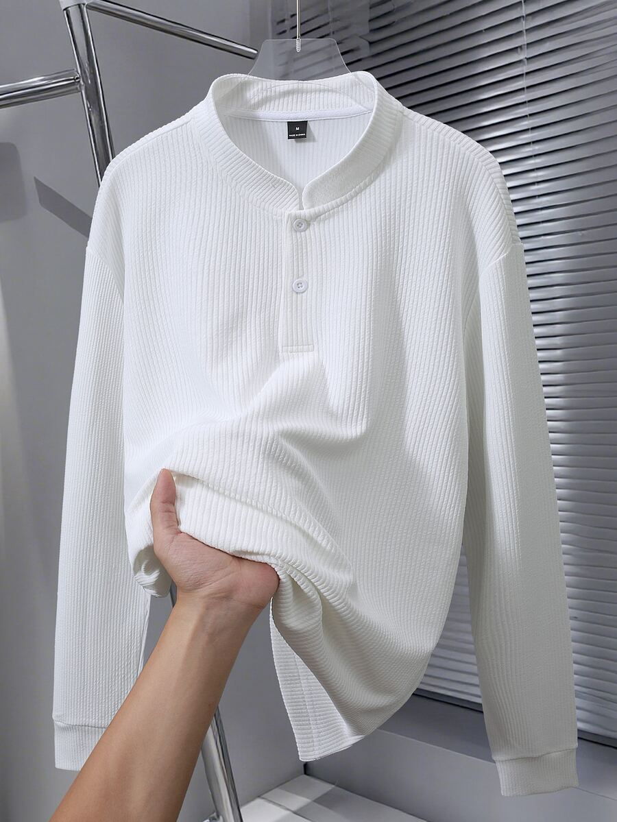 Calvornis 男士純色長袖休閒 Polo 衫,萬聖節、聖誕節、新年禮物 - 白色 - 查看 1