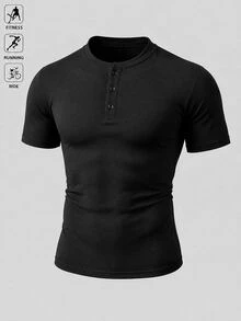 Gym Rark Men's Solid Color Button Half-Placket Short Sleeve Sports T-Shirt - Black - View 3