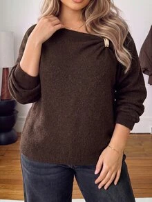 Ceyna كنزة صوفية نسائية بمقاس كبير مع إبزيم معدني وكتف غير متماثل وأكمام طويلة، خريف/شتاء - بني - مشاهدة 3