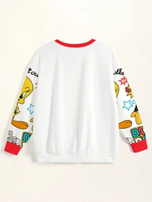 LOONEY TUNES X SHEIN Plus Size Women's Crew Neck Letter Cartoon Print Casual Everyday Sweatshirt Fall - White - View 7