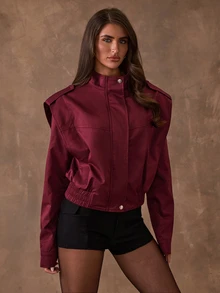 SHEIN BAE Jaket Kasual Wanita Lengan Panjang Kerah Tegak Warna Polos dengan Potongan Pinggang yang Pas - Burgundy - View 1