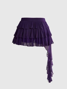 ROMWE Grunge Punk Women's Spring Break Concert Rave Festival Outfit, Sexy Punk Music Festival Party Multi-Layer Asymmetrical Ruffle Leopard Print Elastic Mesh Plus Size Skirt - Purple - View 2