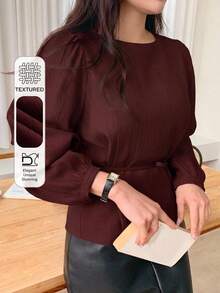 Dazy Plus Korean Style Red Office Wear Tie-Neck Round Collar Petal Sleeve Commuter Blouse - Burgundy - View 1