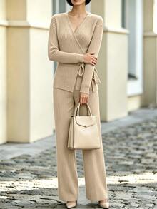 SHEIN Women's French-Style Knit Set, Asymmetric Design & Waist Tie, Solid Oatmeal/Khaki, Soft Relaxed Elegant Look For Lounging, Outings & Office - Khaki - View 6