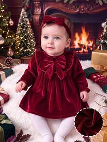SHEIN Newborn Baby Girls Velvet Tutu Dress Sweet Elegant Burgundy Dress Big Bow Ruffle Solid Long Sleeve Thick Christmas Fall Winter Ballet Fuzzy Plush - Burgundy - View 1