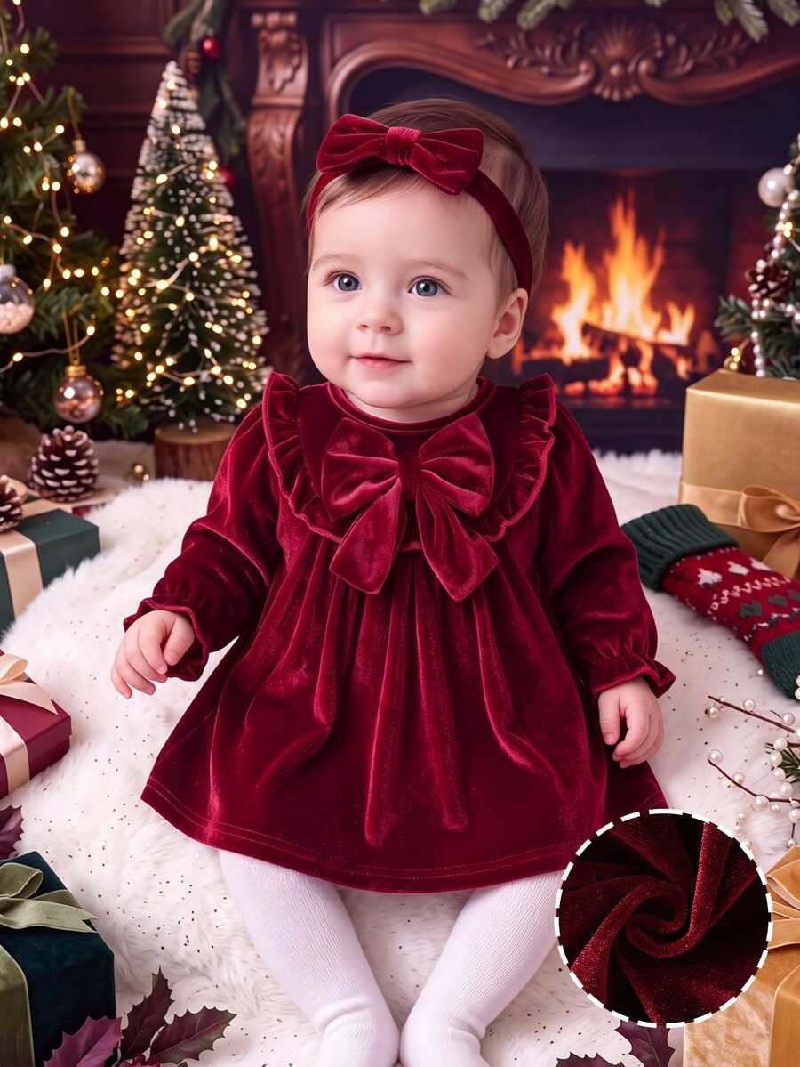 SHEIN Newborn Baby Girls Velvet Tutu Dress Sweet Elegant Burgundy Dress Big Bow Ruffle Solid Long Sleeve Thick Christmas Fall Winter Ballet Fuzzy Plush - Burgundy - View 1