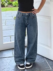 SHEIN 女童秋冬深藍色牛仔刷毛內裡寬鬆長褲 - 中等水洗藍 - 查看 4
