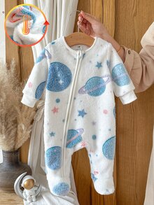 SHEIN Vintaside Kids 2件組新生兒男嬰女嬰連身衣褲套裝，可愛甜美白色藍色星星抓絨拉鍊長袖圓領加厚連腳款，附帽子，適合冬季聖誕節與秋季假期 - 藍白色 - 查看 4